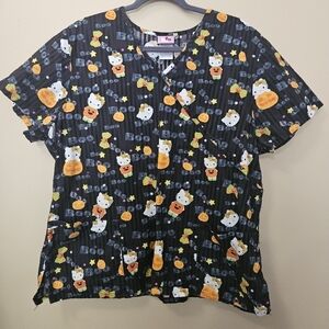 Hello Kitty Halloween Pumpkin Women's Size  XL Scrub Top 100% Cotton